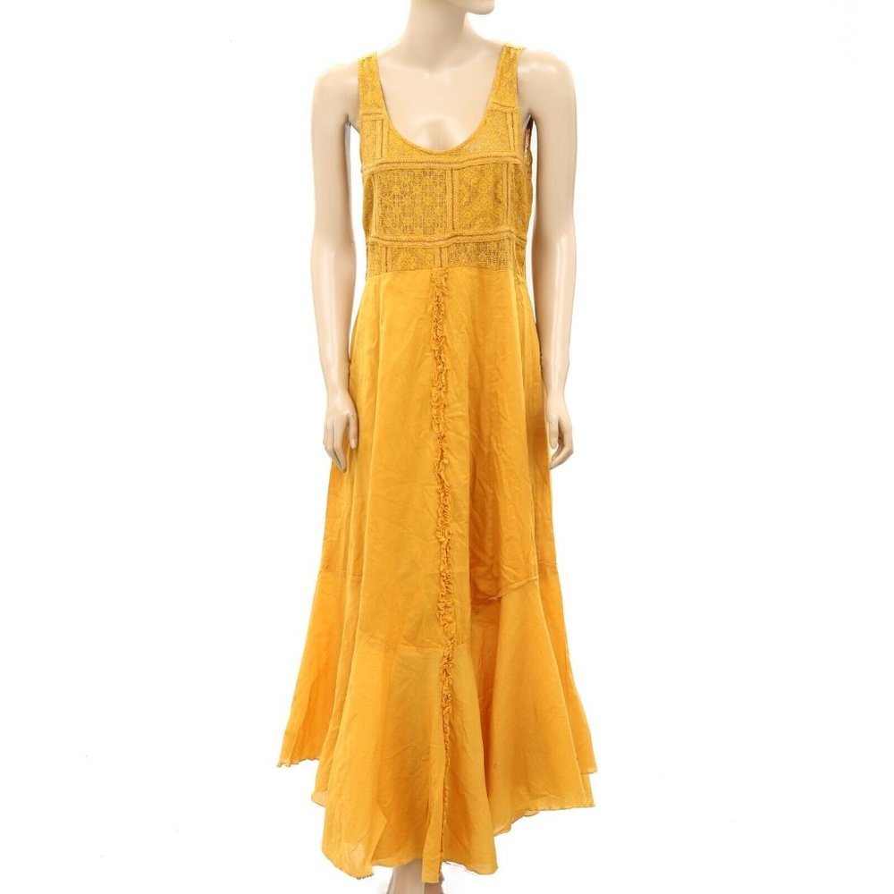 Odd Molly Anthropologie Lace Ruffle Maxi Long Dress Mustard Cotton S-1